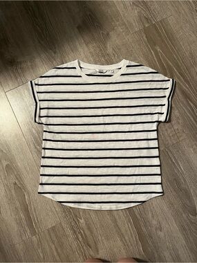 Reitmans XS White Tee with Black Horizontal Stripes. Cap dolman rolled sleeve.